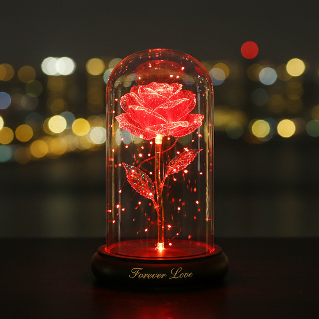 Artificial Flowers LED Red Rose Creative Valentine's Day Gift Rose in Glass Cover with Stand Light Up Rose Wedding Galaxy Rose