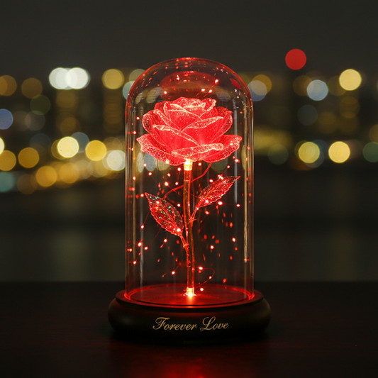 Artificial Flowers LED Red Rose Creative Valentine's Day Gift Rose in Glass Cover with Stand Light Up Rose Wedding Galaxy Rose