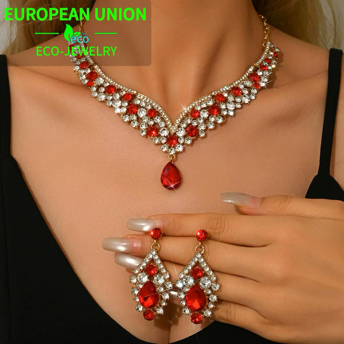 Hot selling ruby exaggerated V-shaped necklace earrings jewelry set for women, versatile and festive style for all occasions